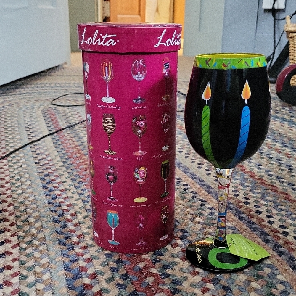 Lolita Black Wine Glass with Blue and Yellow Candle Design